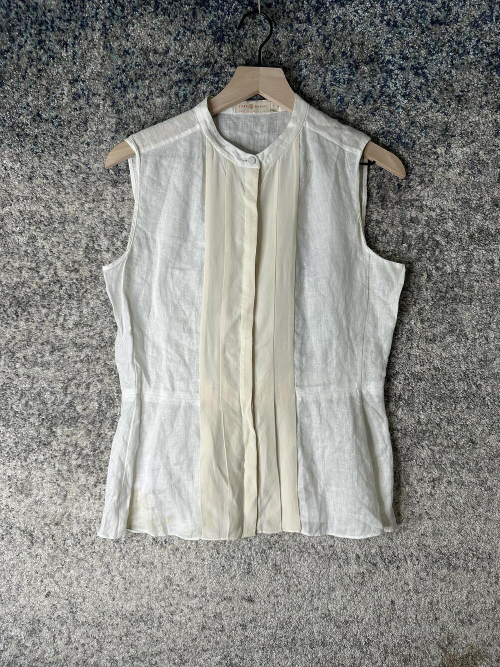 Tory Burch Blouse Womens Small White Silk Linen Pleated Sleeveless Collared Top